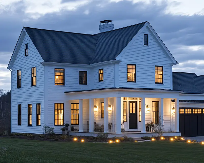 A modern American farmhouse at dusk, its windows lit and a covered porch across the front